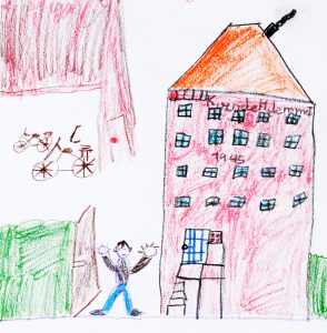 Tegning af Kvindehjemmets facade med dreng udenfor